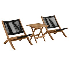 Vienna 3-Piece Outdoor Patio Teak and Rope Folding Lounge Chairs and Side Table