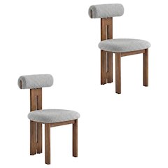 Boucle Fabric Upholstered Dining Chairs, Walnut Light Gray, Set of 2