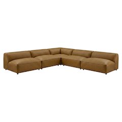 Vegan Leather Modular L-Shaped Sectional Couch for Living Room, Camel, 5 Pc
