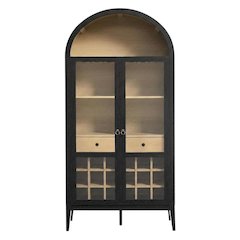 Wooden Tall Bar Cabinet with Arched Doors and Liquor Storage, Black Oak