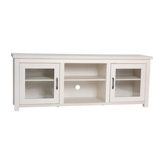Classic TV Stand up to 80" TVs - Modern White Wash Finish with Full Glass Doors  - 65" Engineered Wood Frame - 3 Shelves
