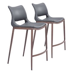 Counter Stools Set of 2, Dark Gray Faux Leather, Faux Wood Steel Legs