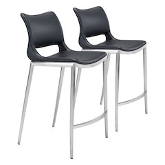 Counter Stools Set of 2, Black Faux Leather, Silver Steel Legs