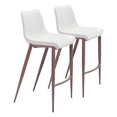 Bar Stools Set of 2, White Faux Leather, Faux Wood Steel Legs