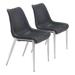Dining Chairs Set of 2, Black Faux Leather, Silver Steel Legs