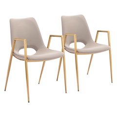 Dining Chairs Set of 2, Beige Faux Leather, Electroplated Gold Legs
