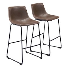 Bar Stools Set of 2, Vintage Espresso Faux Leather, Steel Legs