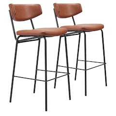 Bar Stools Set of 2, Vintage Brown Faux Leather, Steel Legs