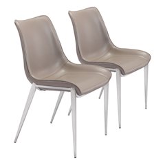 Dining Chairs Set of 2, Brown Faux Leather, Silver Steel Legs