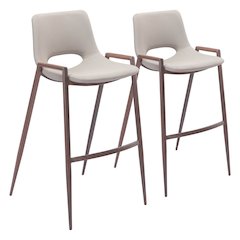 Bar Stools Set of 2, Beige Faux Leather, Faux Wood Steel Legs