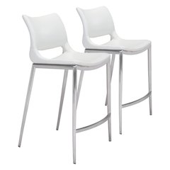 Counter Stools Set of 2, White Faux Leather, Silver Steel Legs