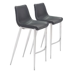 Bar Stools Set of 2, Black Faux Leather, Silver Brushed Steel