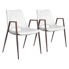 Dining Chairs Set of 2, White Faux Leather, Faux Wood Steel Legs
