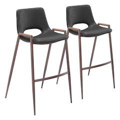 Bar Stools Set of 2, Black Faux Leather, Faux Wood Steel Legs