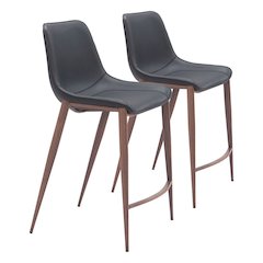 Counter Stools Set of 2, Black Faux Leather, Faux Wood Steel Legs