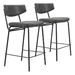 Counter Stools Set of 2, Vintage Black Faux Leather, Steel Legs