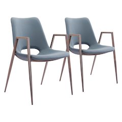 Dining Chairs Set of 2, Azure Gray Faux Leather, Walnut Steel Legs