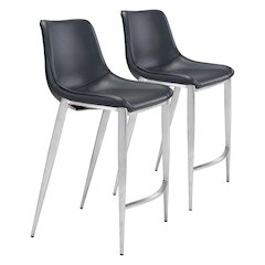 Counter Stools Set of 2, Black Faux Leather, Silver Steel Legs