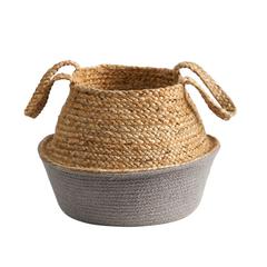 14in. Boho Chic Handmade Cotton & Jute Gray Woven Basket Planter
