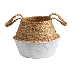 14in. Boho Chic Handmade Cotton & Jute White Woven Basket Planter