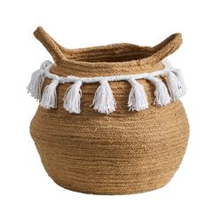 11in. Boho Chic Handmade Natural Cotton Woven Basket Planter with Tassels