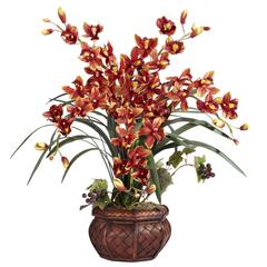Cymbidium with Decorative Vase Silk Arrangement, Burgundy