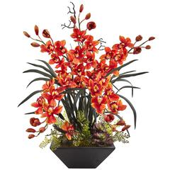 Cymbidium Orchid Silk Arrangement with Black Vase, Burgundy