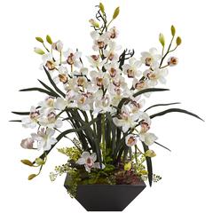 Cymbidium Orchid Silk Arrangement with Black Vase, White