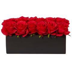 Dozen Silk Roses in Ceramic Rectangular Planter, Red