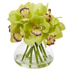 Cymbidium Orchid Artificial Arrangement in Glass Vase, Green