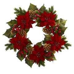 24in. Poinsettia, Berry and Golden Pinecone Artificial Wreath