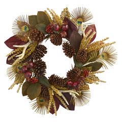 27in. Magnolia Leaf, Berry, Antler and Peacock Feather Artificial Wreath