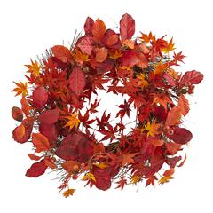 22in. Japanese Maple, Magnolia Leaf and Berries Artificial Wreath