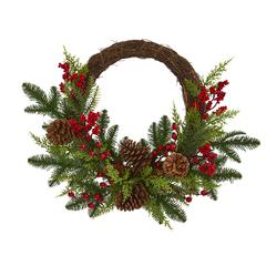 22in. Mixed Pine and Cedar with Berries and Pinecones Artificial Wreath