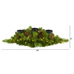 30in. Christmas Artificial Pine Triple Candelabrum with 35 Clear Lights and Pine Cones