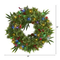 24in. Mixed Pine Artificial Christmas Wreath with 50 Multicolored LED Lights, Berries and Pine Cones