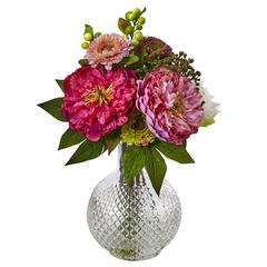 Peony and Mum in Glass Vase Pink