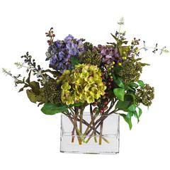 Mixed Hydrangea with Rectangle Vase Silk Flower Arrangement