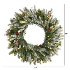 24in. Snowed Artificial Christmas Wreath with 50 Warm White LED Lights and Pine Cones