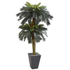 6ft. Double Sago Palm Artificial Tree Slate Finished Planter