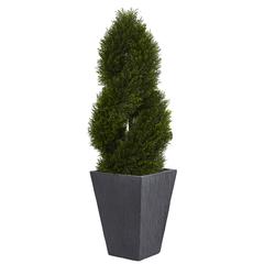 4ft. Cypress Double Spiral Topiary Artificial Tree in Slate Planter UV Resistant (Indoor/Outdoor)