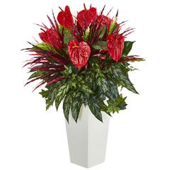 Mixed Anthurium Artificial Plant in White Tower Vase