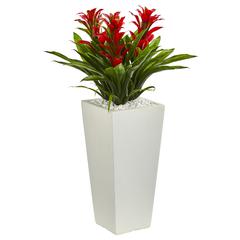 Triple Bromeliad Artificial Plant in White Tower Planter, Red