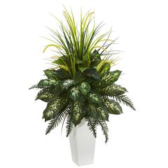 Mixed River Fern and Dog tail Artificial Plant in White Tower Planter