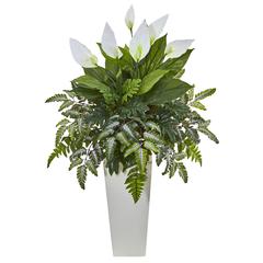 Mixed Spathiphyllum Artificial Plant in White Tower Vase