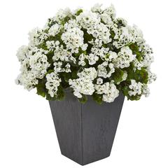 Geranium Artificial Plant in Slate Planter UV Resistant (Indoor/Outdoor), White