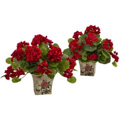 11in. Geranium Flowering Silk Plant with Floral Planter (Set of 2)