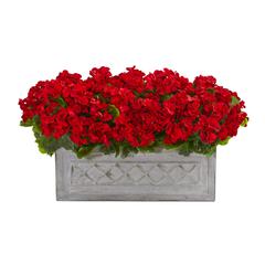 18in. Geranium Artificial Plant in Stone Planter UV Resistant (Indoor/Outdoor), Red