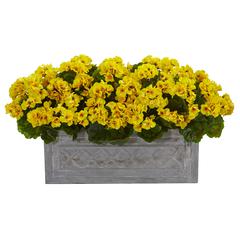 18in. Geranium Artificial Plant in Stone Planter UV Resistant (Indoor/Outdoor), Yellow