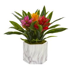 Bromeliad Artificial Plant in Marble Finished Vase, Assorted